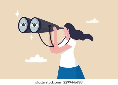 Business woman look through binoculars searching for new job or opportunity, vision or look far ahead to find future opportunity, observe or career success, human resources look for candidate concept.