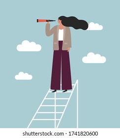 Business woman looking in binoculars standing on a ladder high in the clouds. Concept of search, vision, forecasting, future. Flat vector illustration. Female boss with strategic thinking