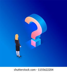 Business woman looking at a bright question mark, isometric 3d concept. Vector illustration