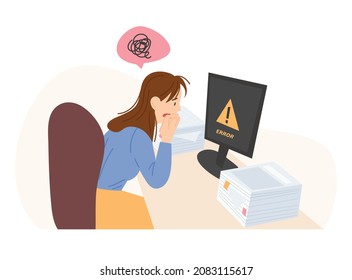 Eine Geschäftsfrau sieht sich einen Computer mit Fehlern an. Flaches design, Vektorgrafik.