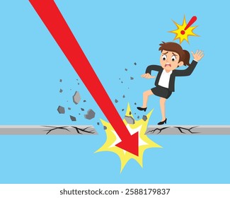 Business Woman Looking Down at Arrow Falling Going Through a Concrete Floor. Arrow Financial Crisis. Flat, Vector, Illustration, Cartoon, EPS10.   