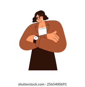 Business woman looking at hand watches, checking time with wristwatch. Female employee glancing at wrist clock, watch, waiting. Punctuality. Flat vector illustration isolated on white background