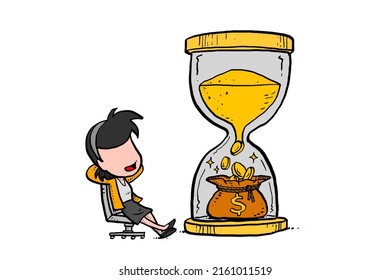 Business woman looking her gold sand hourglass turning time to become gold coin  Drawing vector illustration design 