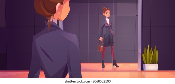 Business woman looking at her reflection in mirror at lobby. Clerk, manager or businesswoman evaluating her attire. Concept of office dress code, formal clothes fashion, Cartoon vector illustration