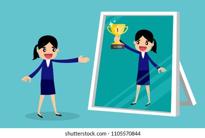 Business Woman Looking Herself Being Successful In A Mirror Reflection. Business Concept Vector Illustration.