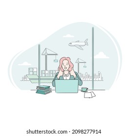 Business woman looking at laptop computer at desk and pointing thumbs up. Successful trade business concept. Line style business vector, illustration