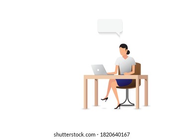 Business woman looking at laptop in the office. people character vector design. customer service support.  looking at computer in the office.