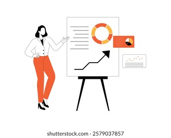 Business woman looking at a large monitor screen and presenting some data analysis of her work.
design, vector, illustration