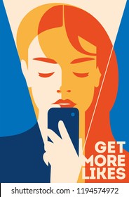 Business woman looking at smartphone. Mobile Marketing concept. Social media poster