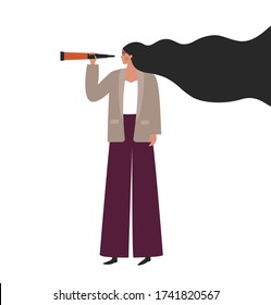 Business woman looking in a telescope. Concept of search, vision, forecasting. Flat vector illustration isolated on white background. Girl with binoculars looking for business opportunities, job