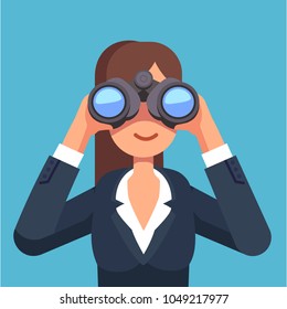 Business woman looking through binoculars searching for a job. Flat style isolated vector illustration