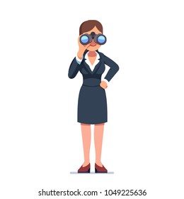 Business Woman Looking Through Binoculars Searching For A Job. Smiling Standing With Left Hand Akimbo And Right Holding Binoculars. Flat Style Isolated Vector Character Illustration