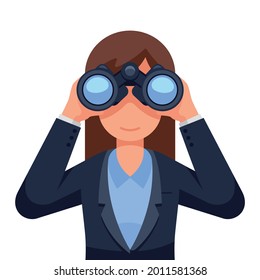 Business woman looking through binoculars searching for a job. Flat style isolated vector illustration