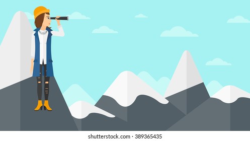 Business woman looking through spyglass.