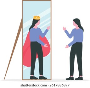 business woman looks in the mirror and sees a super queen. Confident power. Business leadership. on blue background

