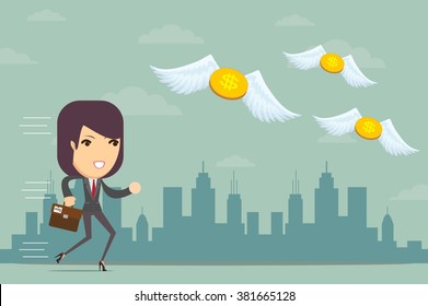 Business Woman Is Losing Money, And He Flies To Nowhere, Vector Illustration