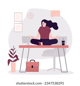 Business woman in lotus meditating on workplace. Stress management, meditation or relaxation to reduce anxiety. Control emotion during problem solving, positive energy. Low stress level. flat vector