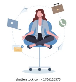 Business woman in lotus pose set. Employee meditate against stress. Deadline concept. Idea of many work and few time. Flat vector illustration