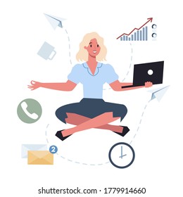 Business woman in lotus pose set. Employee meditate against stress. Deadline concept. Idea of many work and few time. Flat vector illustration