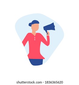 Business woman with loudspeaker abstract vector business illustration. Faceless character on white with megaphone. Female announce or promote banner. Girl with blue hair modern style.