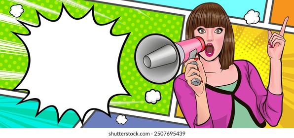 Business woman with loudspeaker megaphone announcing discount or sale Special offer, shopping time, protest or meeting In Retro Vintage Pop Art Comic Style