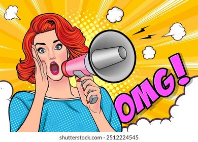 Business woman with loudspeaker megaphone announcing discount or sale Special offer, shopping time, protest or meeting In Retro Vintage Pop Art Comic Style