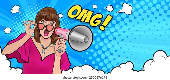 Business woman with loudspeaker megaphone announcing discount or sale Special offer, shopping time, protest or meeting In Retro Vintage Pop Art Comic Style