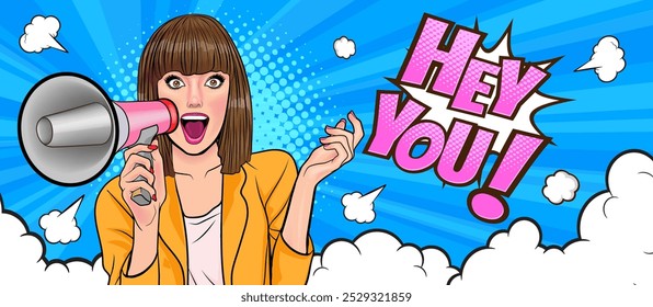 Business woman with loudspeaker megaphone announcing discount or sale Special offer, shopping time, protest or meeting In Retro Vintage Pop Art Comic Style