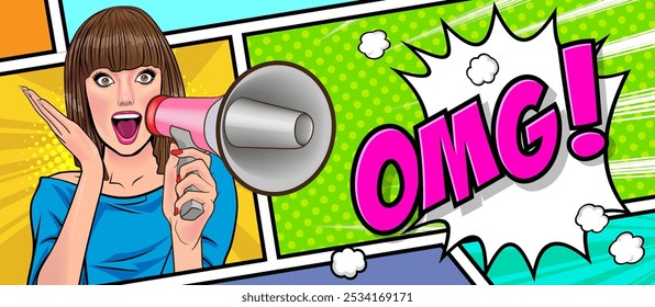 Business woman with loudspeaker megaphone announcing discount or sale Special offer, shopping time, protest or meeting In Retro Vintage Pop Art Comic Style