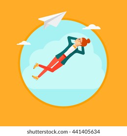 A business woman lying on a cloud and looking at flying paper plane. Business woman relaxing on a cloud. Vector flat design illustration in the circle isolated on background.