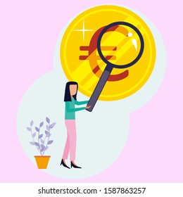 Business woman with a magnifying glass and gold coins. Success in doing business and experiencing economic growth.