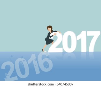 Business woman make a step to the new year