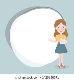 Business woman makes presentation, isolated on text box background.