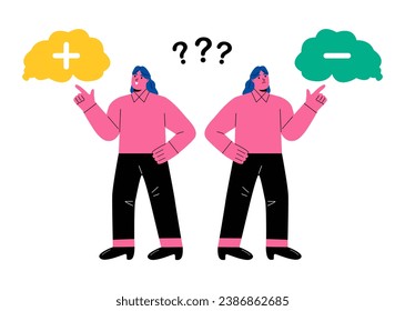 Business woman making choosing decisions Positive and negative thoughts. Comparison concept. Pros and cons with two choices. Flat vector illustration isolated on white background
