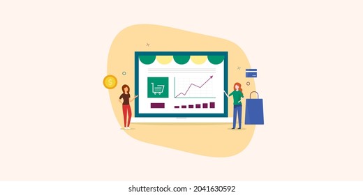 Business woman making money from online shopping, increasing eCommerce sales, Selling products on digital marketplace - flat design vector illustration