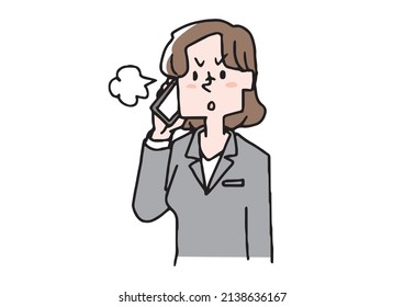 Business woman making a phone call with a smartphone (anger) Comical handwritten person Vector, line drawing and color

