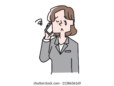 Business woman making a phone call with a smartphone (sadness) Comical handwritten person Vector, color on line drawing