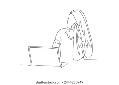 the business woman making a phone call in front of the laptop is looking to the side.Business call one-line drawing