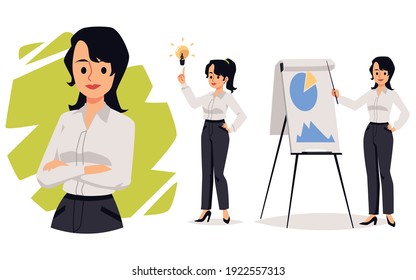 Business woman making presentation inspired by business idea, set of flat vector illustrations isolated on white background. Company executive female cartoon character.