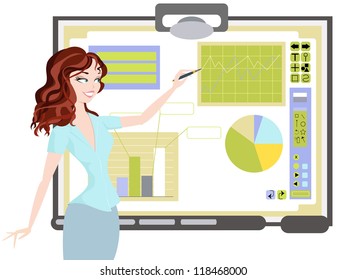 Business woman making presentation at meeting with interactive whiteboard