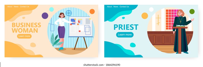 Business Woman Making Presentation And Pointing At The Board. Concept Vector Illustration. Female Priest Preaching Sermon In Catholic Church. Woman Presents Business Plan