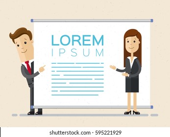 Business woman making a presentation, pointing to the screen. A business man is behind the screen.