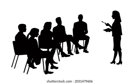 Business woman making presentation silhouette vector illustration isolated on white background. Teacher teaches students.