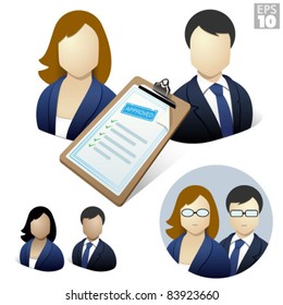 Business woman and man with approved resume on a clipboard, job application