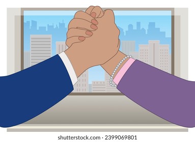 business woman and business man arm wrestling on office desk, closeup view, window showing buildings and city skyline in the background