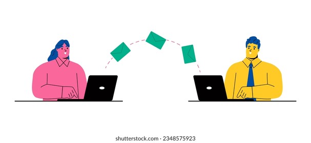 Business woman and business man chatting and communicates online by sending digital letters to each other using laptops. Flat vector illustration isolated on white background

