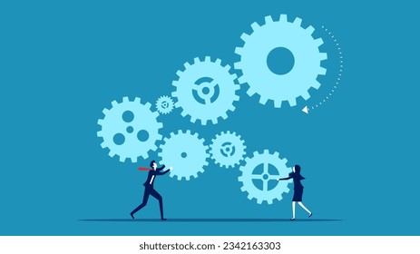 Business woman and man connecting gears. Collaborate and Integrate 