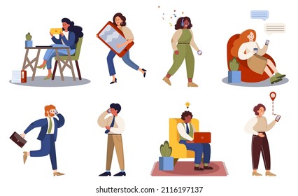 Business woman and man with gadgets set. Collection of female and male character in suit holding smartphone, tablet or laptop. Internet and network in device. Isolated flat vector illustration