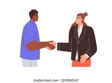 Business woman and man greeting with handshake. Happy partners, office colleagues shaking hands with respect at work. Deal, agreement concept. Flat vector illustration isolated on white background