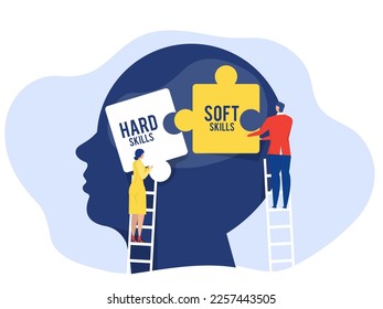 business woman and man holding two pieces between Hard VS Soft Skills Concept on big head human Idea Development ,Multiple Intelligences Vector Illustration - Shutterstock ID 2257443505
